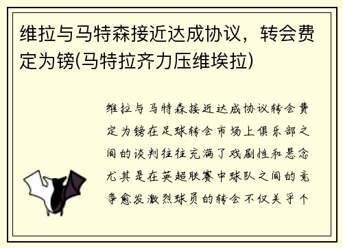 维拉与马特森接近达成协议，转会费定为镑(马特拉齐力压维埃拉)