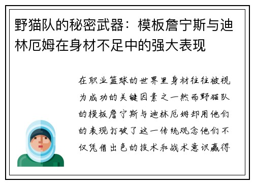 野猫队的秘密武器：模板詹宁斯与迪林厄姆在身材不足中的强大表现
