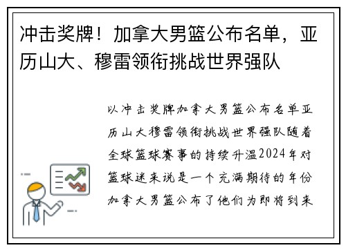 冲击奖牌！加拿大男篮公布名单，亚历山大、穆雷领衔挑战世界强队