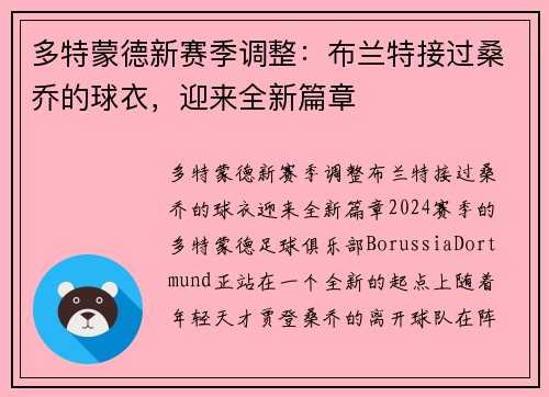 多特蒙德新赛季调整：布兰特接过桑乔的球衣，迎来全新篇章