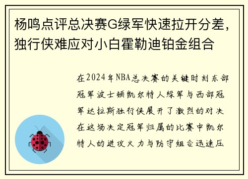 杨鸣点评总决赛G绿军快速拉开分差，独行侠难应对小白霍勒迪铂金组合