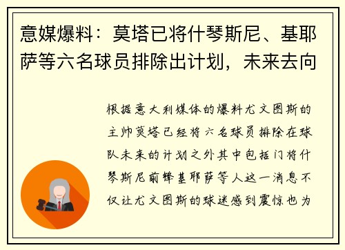 意媒爆料：莫塔已将什琴斯尼、基耶萨等六名球员排除出计划，未来去向成疑