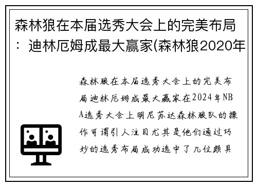森林狼在本届选秀大会上的完美布局：迪林厄姆成最大赢家(森林狼2020年选秀权)