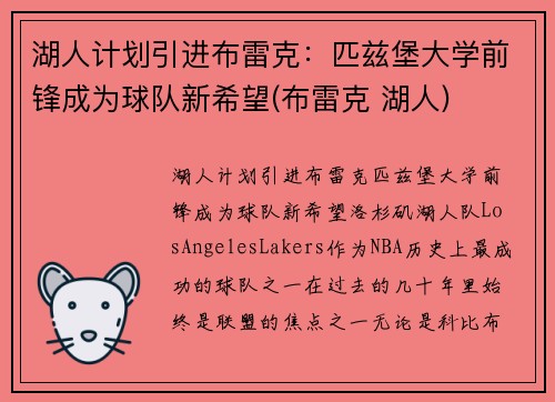 湖人计划引进布雷克：匹兹堡大学前锋成为球队新希望(布雷克 湖人)