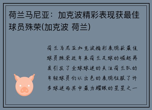 荷兰马尼亚：加克波精彩表现获最佳球员殊荣(加克波 荷兰)