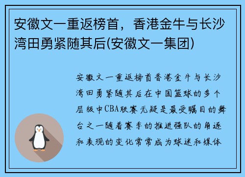 安徽文一重返榜首，香港金牛与长沙湾田勇紧随其后(安徽文一集团)