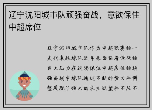 辽宁沈阳城市队顽强奋战，意欲保住中超席位