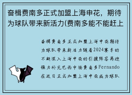 奋楫费南多正式加盟上海申花，期待为球队带来新活力(费南多能不能赶上12强赛)
