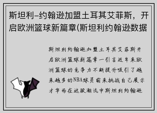 斯坦利-约翰逊加盟土耳其艾菲斯，开启欧洲篮球新篇章(斯坦利约翰逊数据)