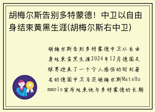 胡梅尔斯告别多特蒙德！中卫以自由身结束黄黑生涯(胡梅尔斯右中卫)