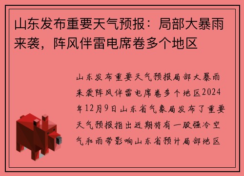 山东发布重要天气预报：局部大暴雨来袭，阵风伴雷电席卷多个地区